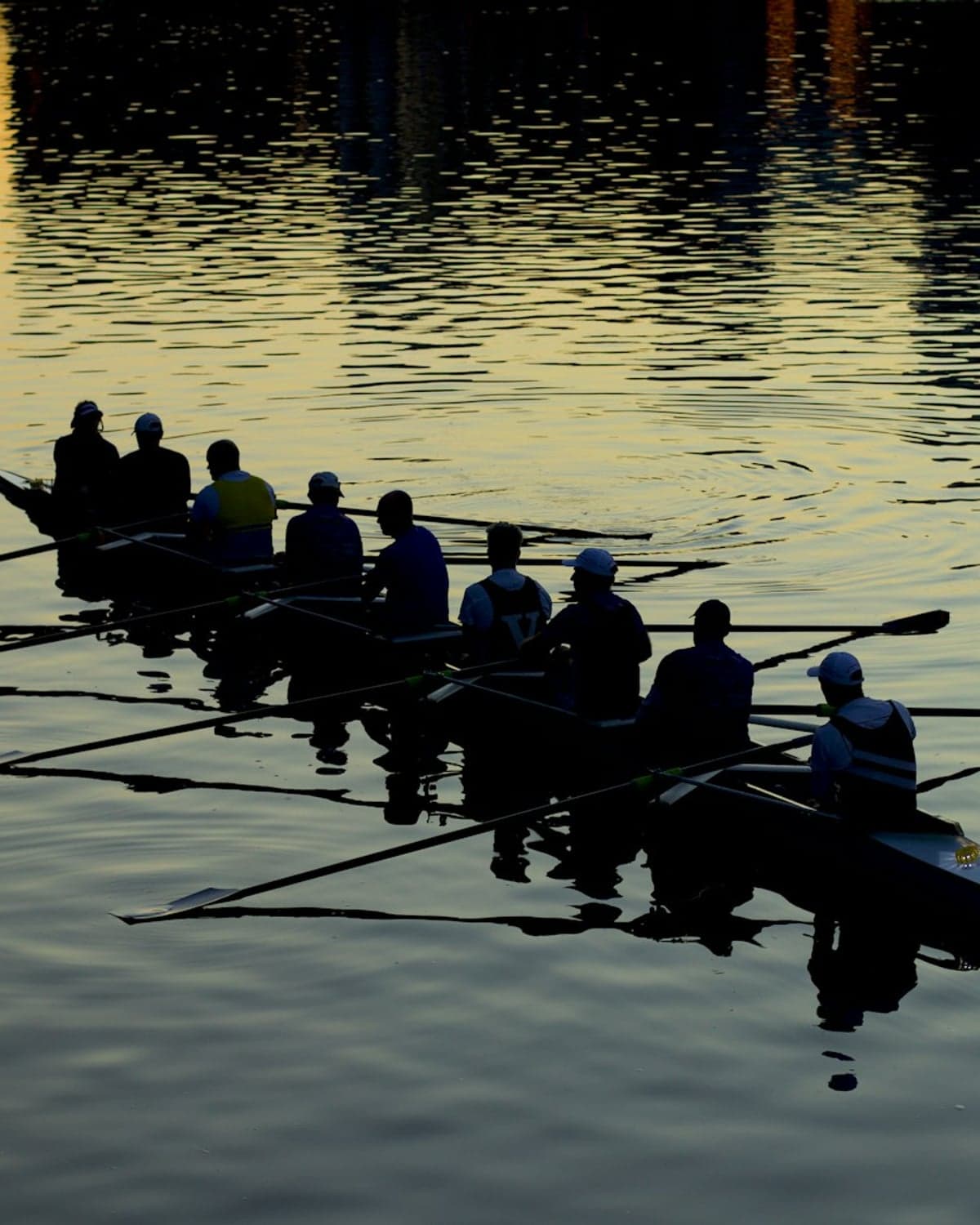 Rowing crew on the water at sunrise